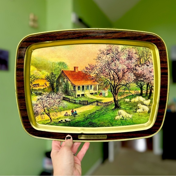 VTG Colonial Farm Cottagecore Farmhouse Metal American Homestead Dream Platter - Picture 4 of 6